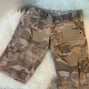 Billabong distressed brown camo print long shorts